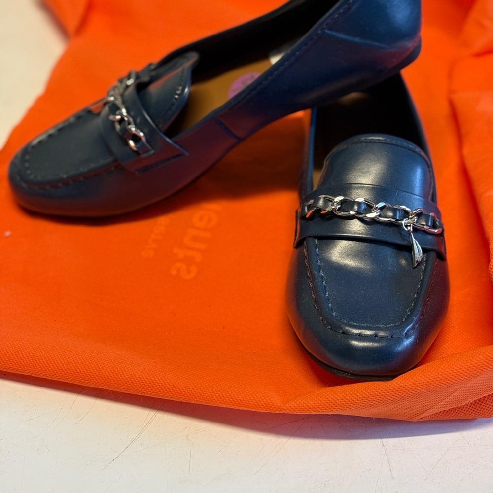 Blue and Silver Leather Loafers with Chain Detail